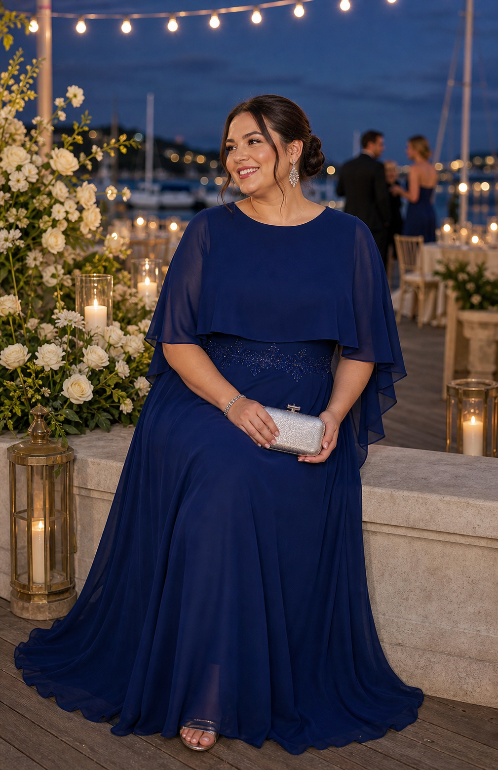 Plus Size Chiffon Cape Sleeve Mother of the Bride Dress #color_Navy Blue