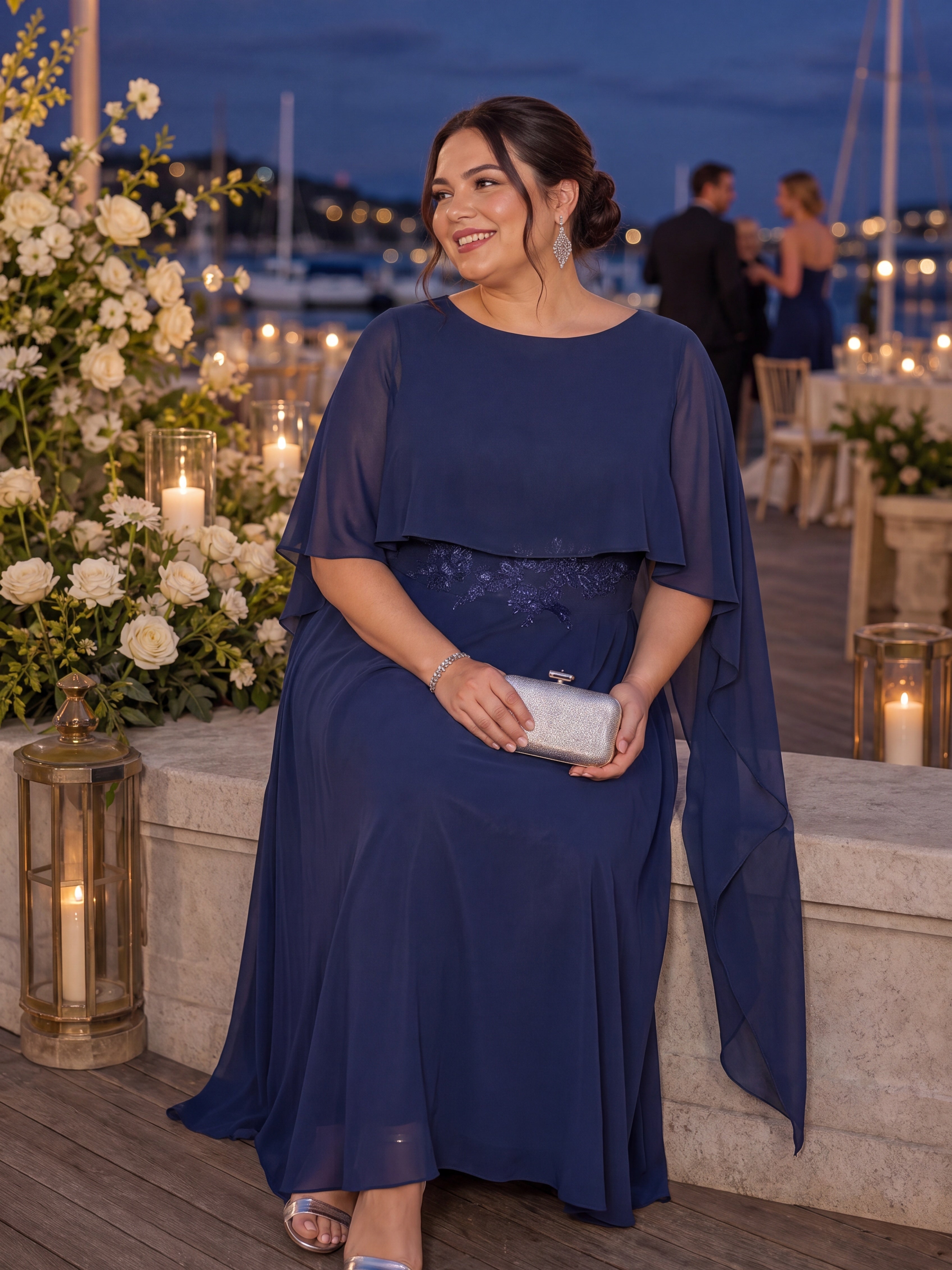 Plus Size Chiffon Cape Sleeve Mother of the Bride Dress #color_Navy Blue