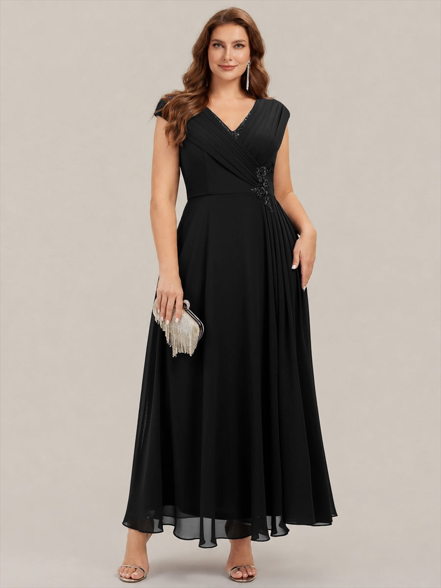 Plus Size Flowing Ribbons Cap Sleeve Mother of the Bride Dress #color_Black