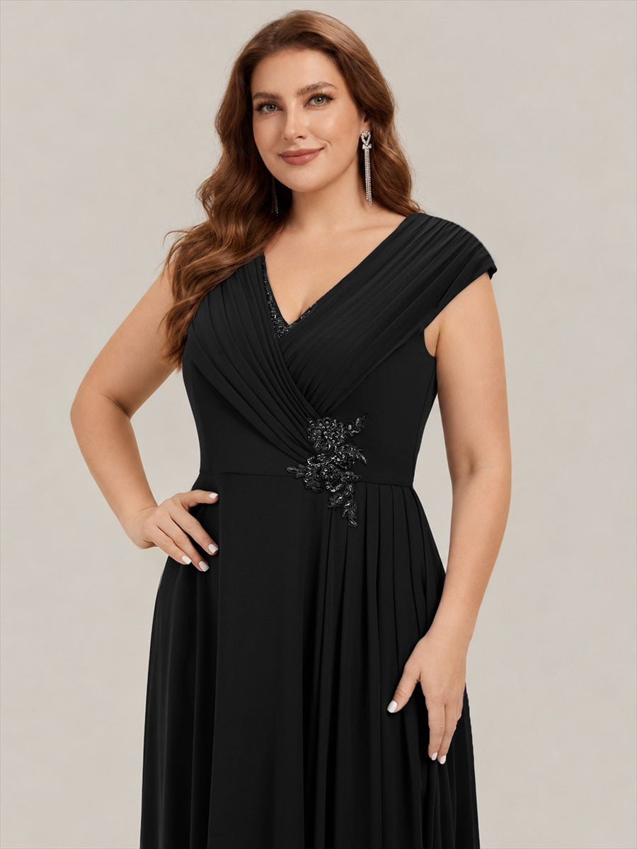 Plus Size Flowing Ribbons Cap Sleeve Mother of the Bride Dress #color_Black