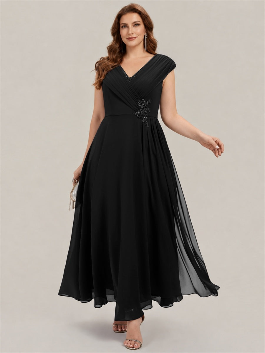 Plus Size Flowing Ribbons Cap Sleeve Mother of the Bride Dress #color_Black