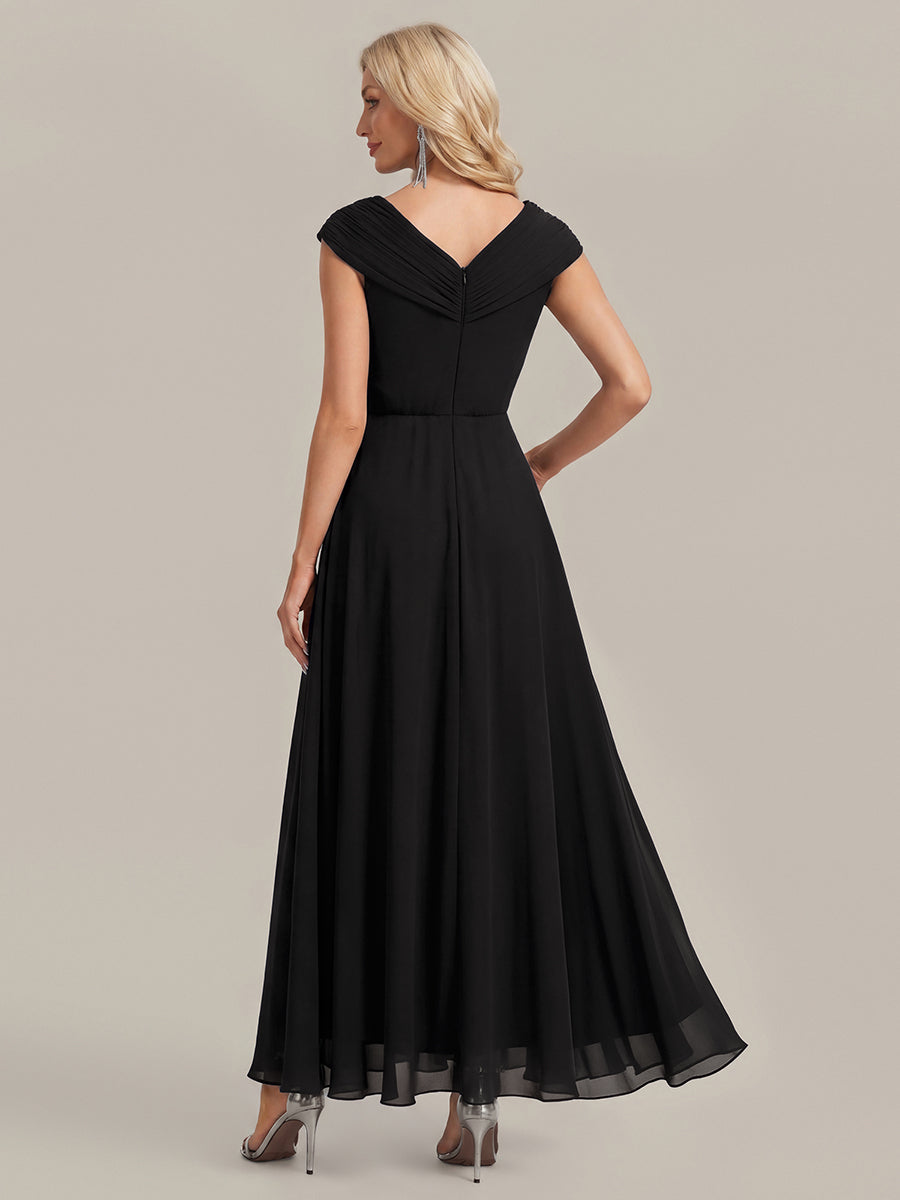 Flowing Ribbons Chiffon Cap Sleeve Mother of the Bride Dress #color_Black