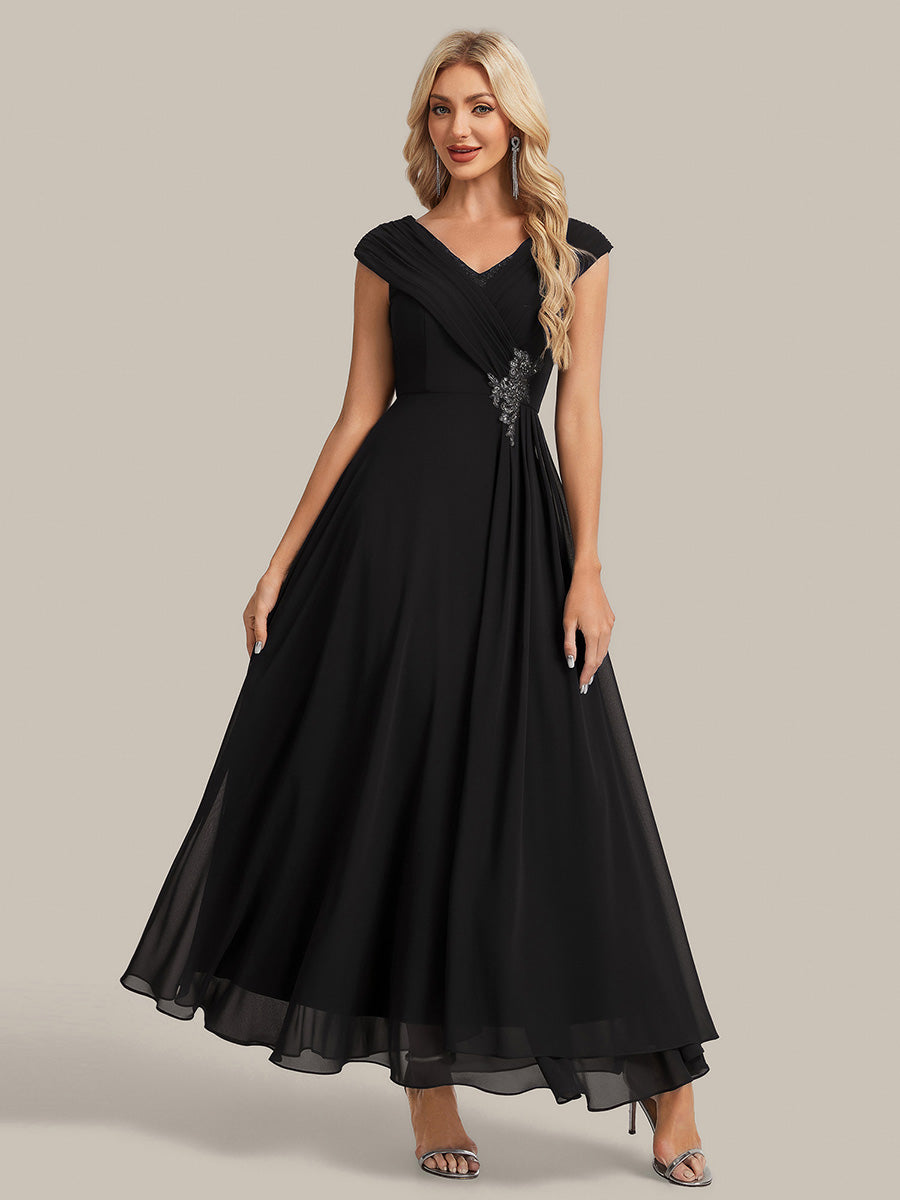 Flowing Ribbons Chiffon Cap Sleeve Mother of the Bride Dress #color_Black