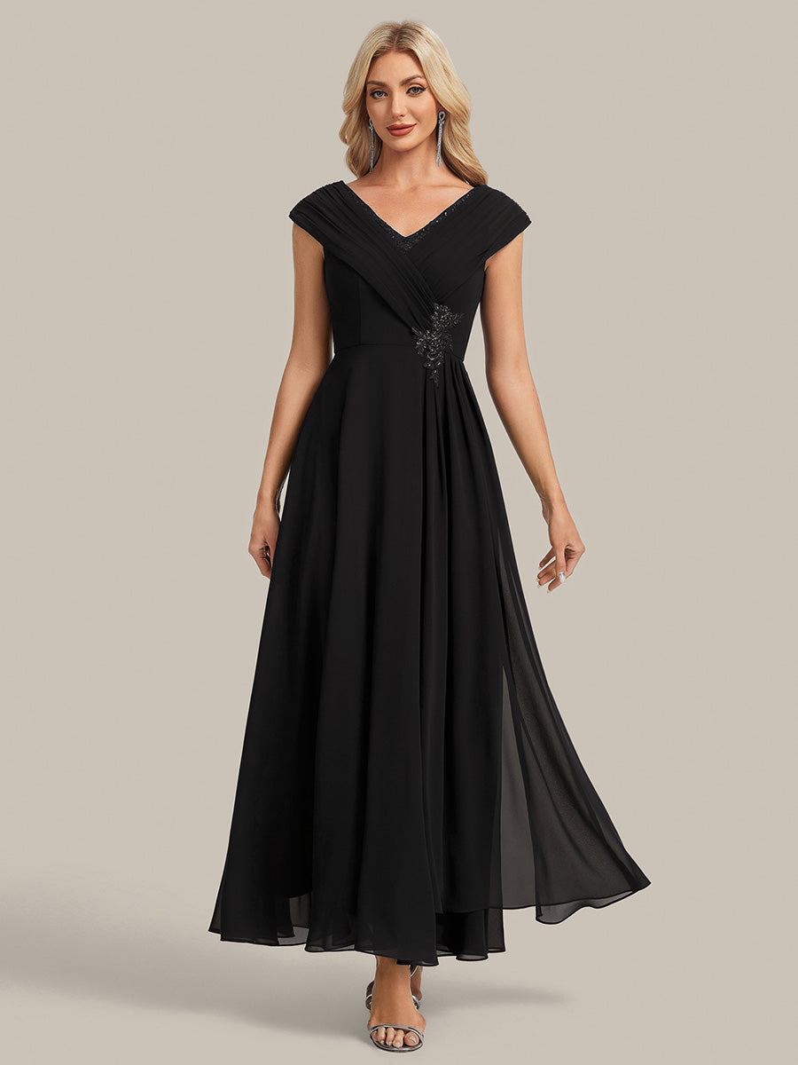 Flowing Ribbons Chiffon Cap Sleeve Mother of the Bride Dress #color_Black