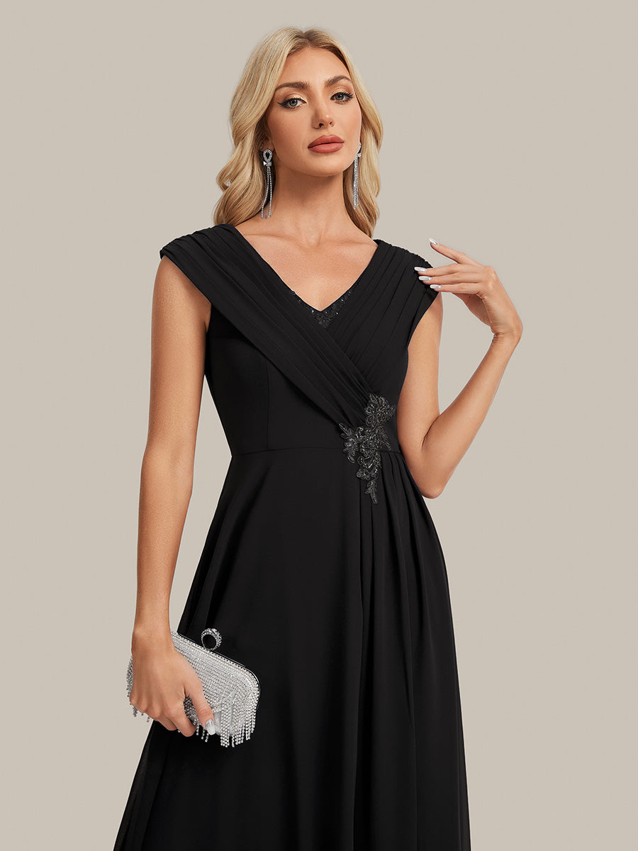 Flowing Ribbons Chiffon Cap Sleeve Mother of the Bride Dress #color_Black