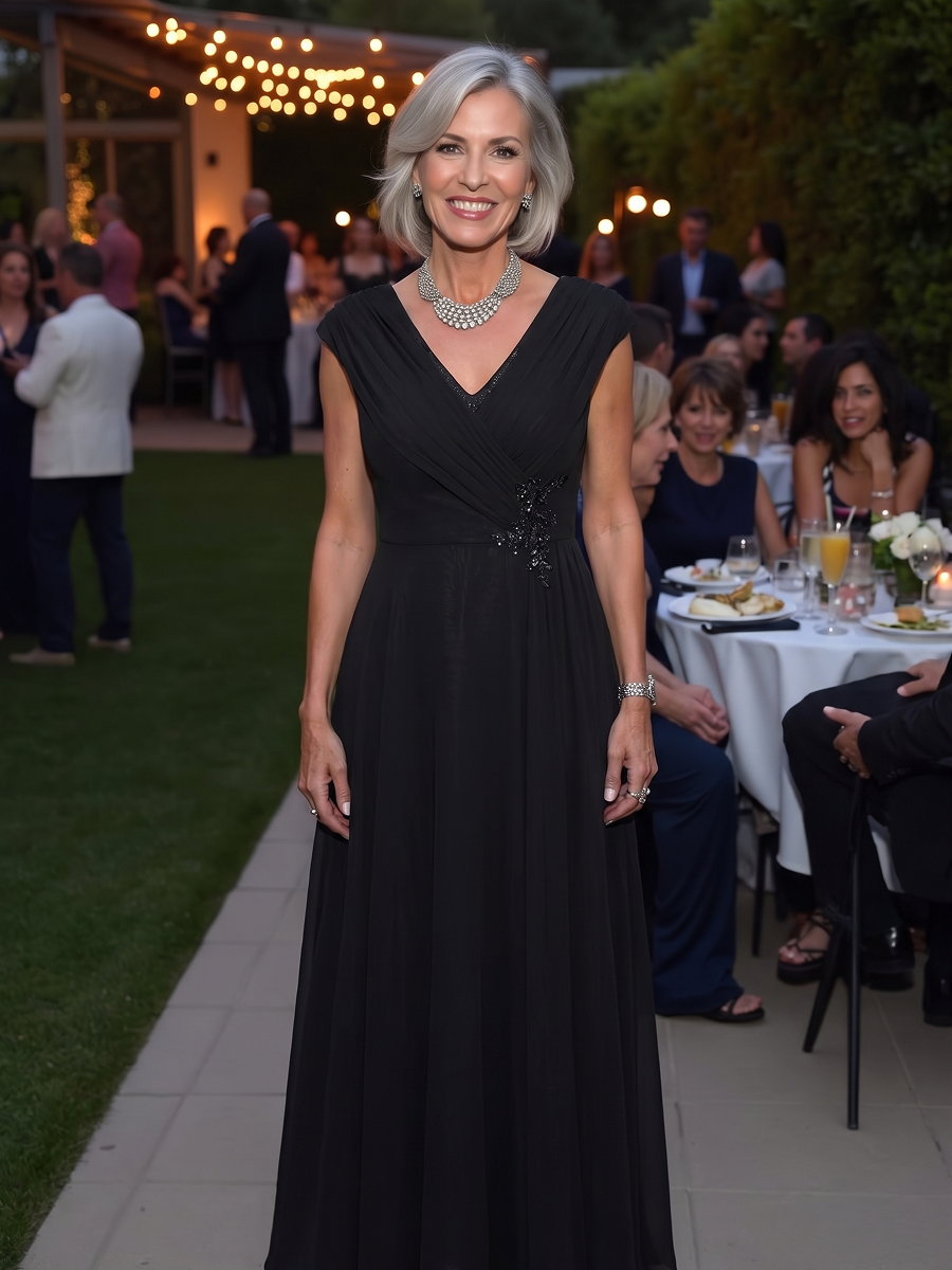 Flowing Ribbons Chiffon Cap Sleeve Mother of the Bride Dress #color_Black