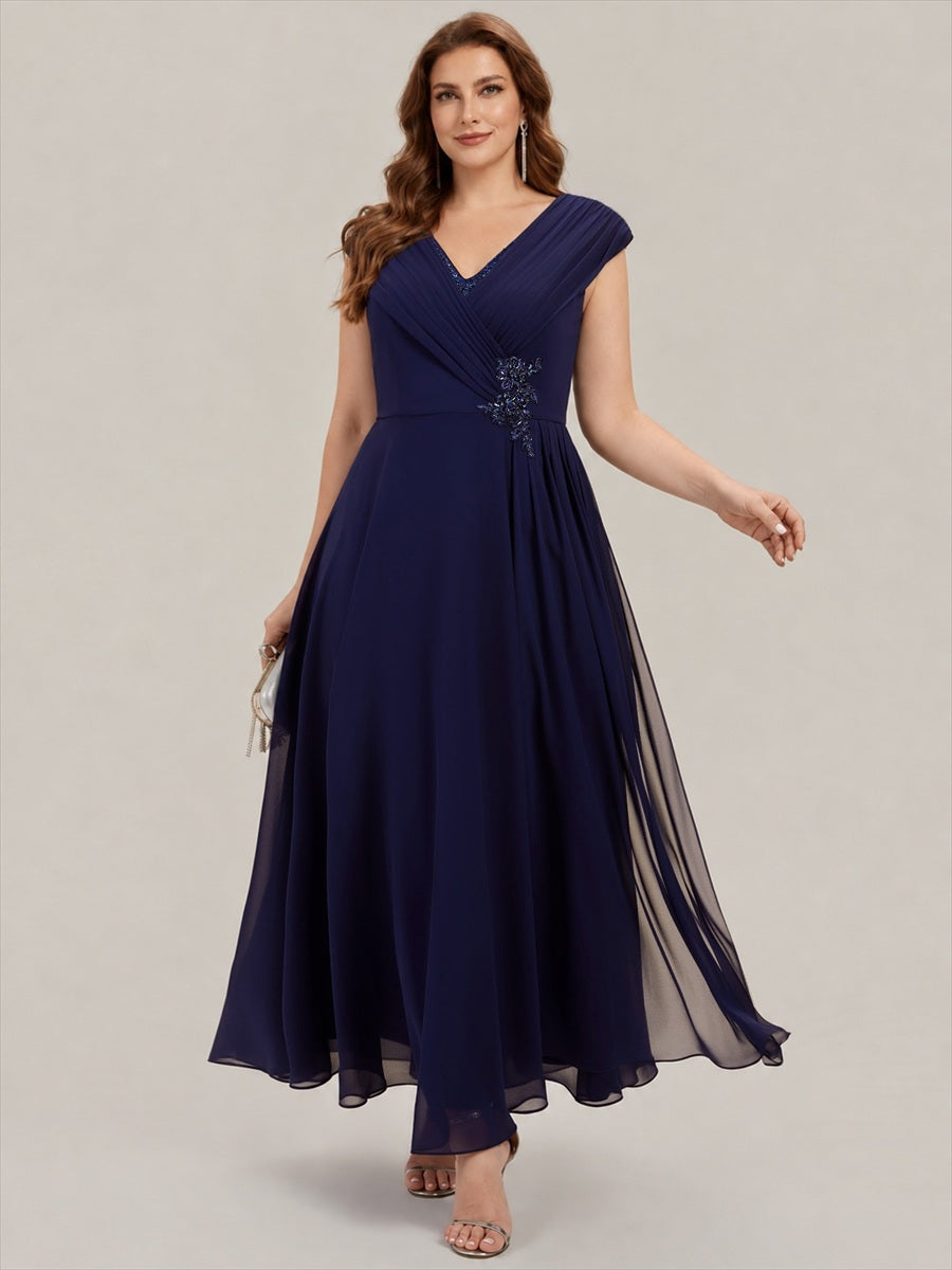 Flowing Ribbons Chiffon Cap Sleeve Mother of the Bride Dress #color_Navy Blue