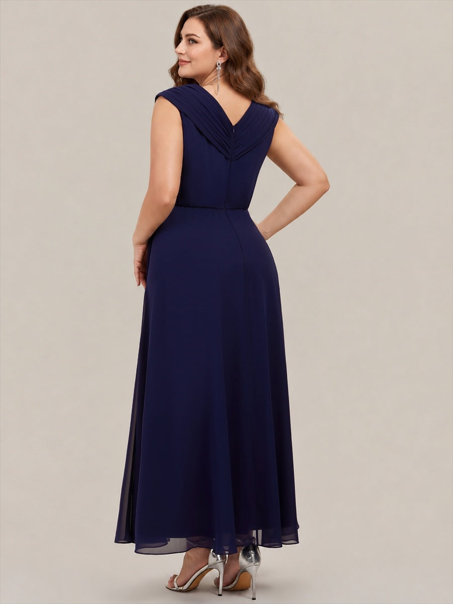 Flowing Ribbons Chiffon Cap Sleeve Mother of the Bride Dress #color_Navy Blue