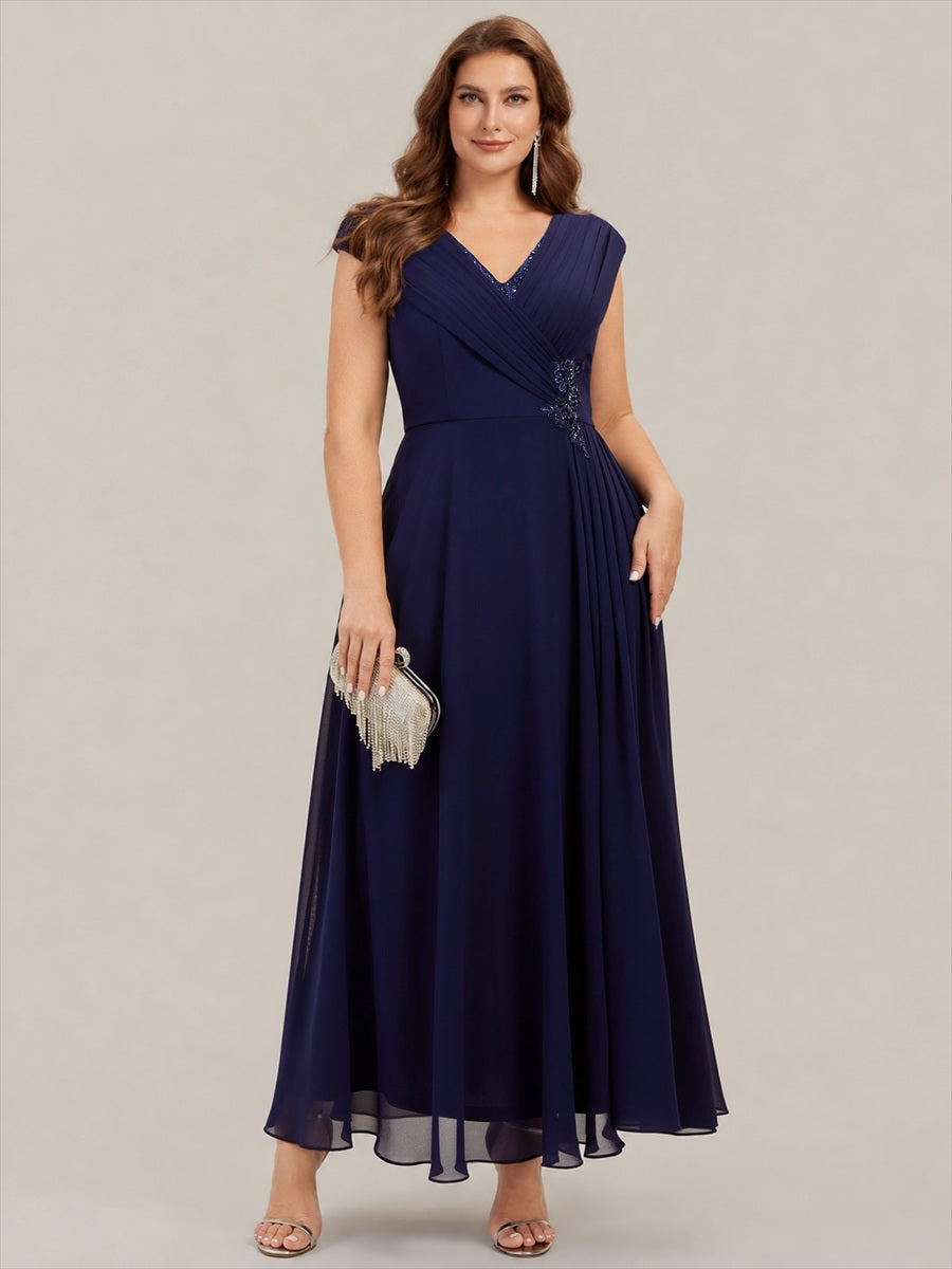 Plus Size Flowing Ribbons Cap Sleeve Mother of the Bride Dress #color_Navy Blue