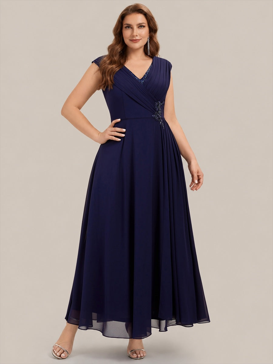 Plus Size Flowing Ribbons Cap Sleeve Mother of the Bride Dress #color_Navy Blue