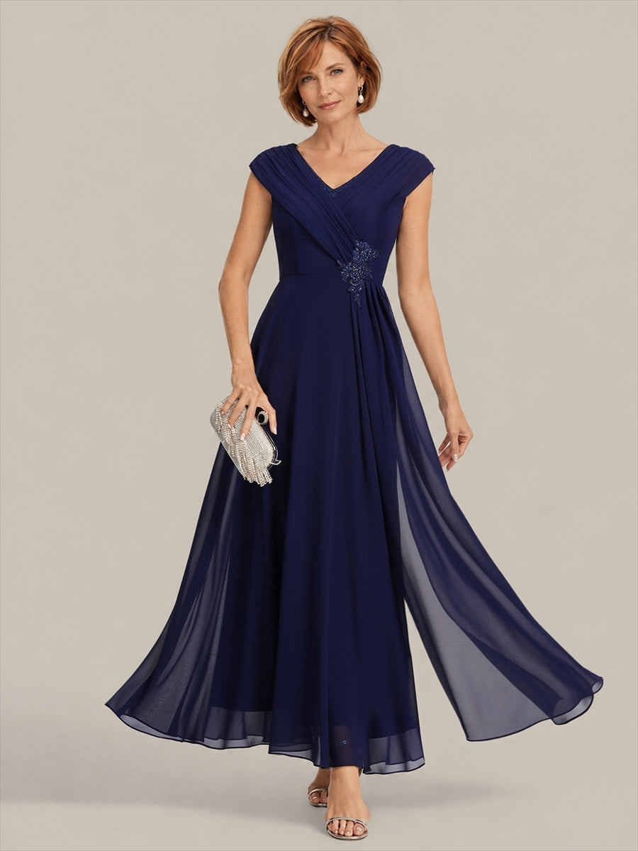 Flowing Ribbons Chiffon Cap Sleeve Mother of the Bride Dress #color_Navy Blue