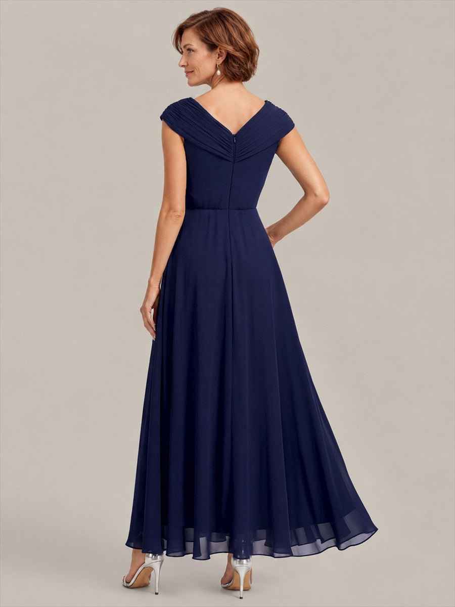 Flowing Ribbons Chiffon Cap Sleeve Mother of the Bride Dress #color_Navy Blue