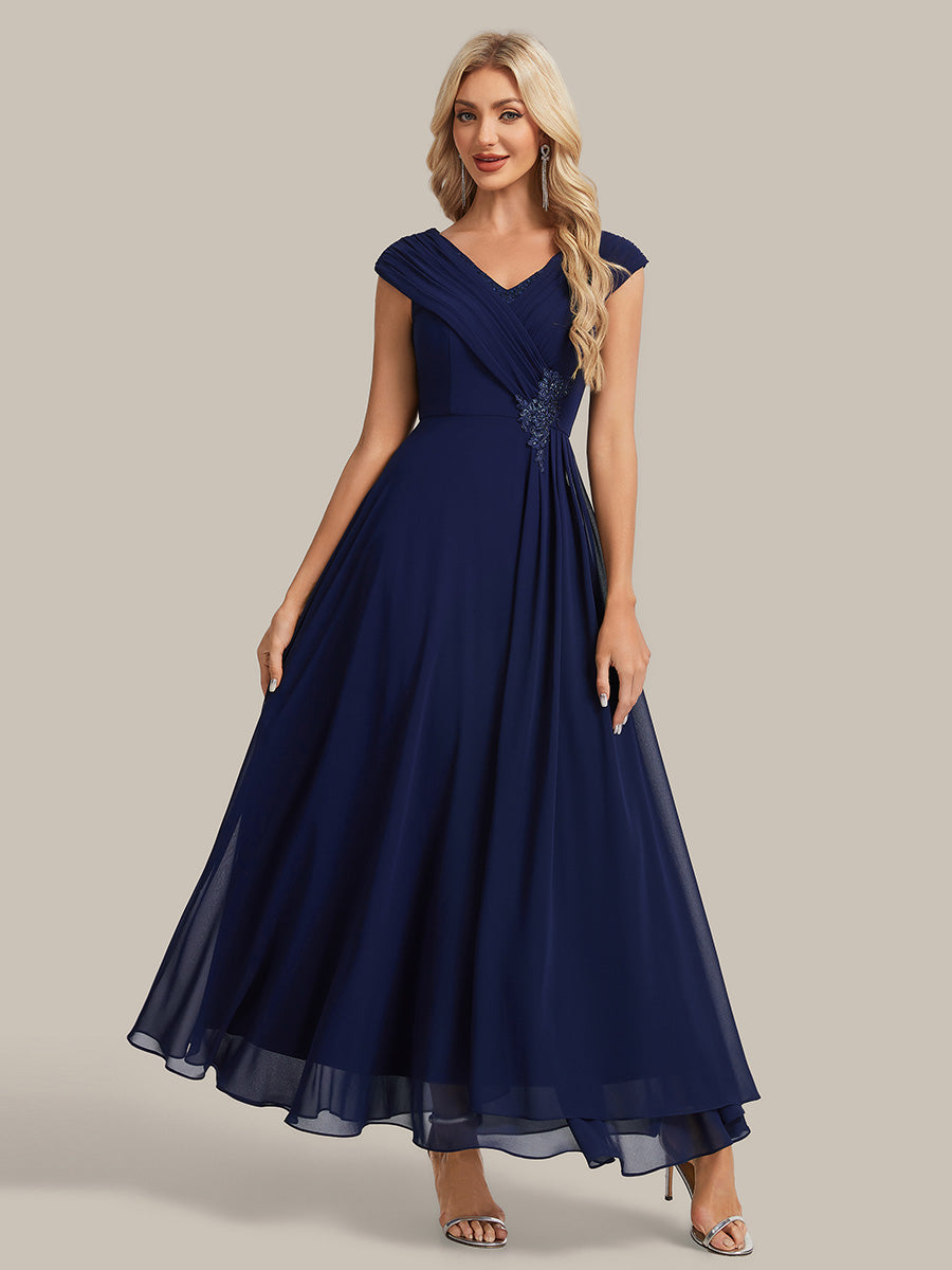 Flowing Ribbons Chiffon Cap Sleeve Mother of the Bride Dress #color_Navy Blue