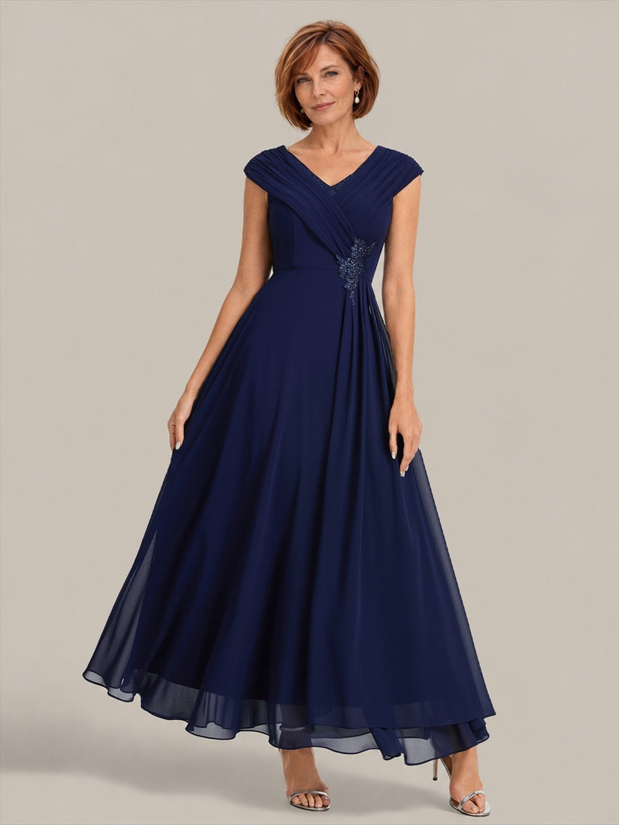 Flowing Ribbons Chiffon Cap Sleeve Mother of the Bride Dress #color_Navy Blue