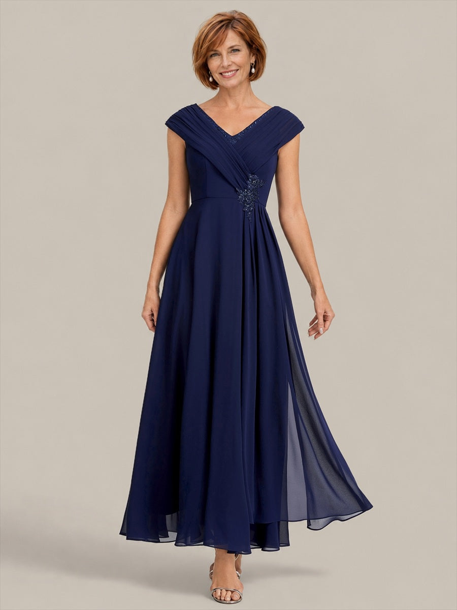 Flowing Ribbons Chiffon Cap Sleeve Mother of the Bride Dress #color_Navy Blue