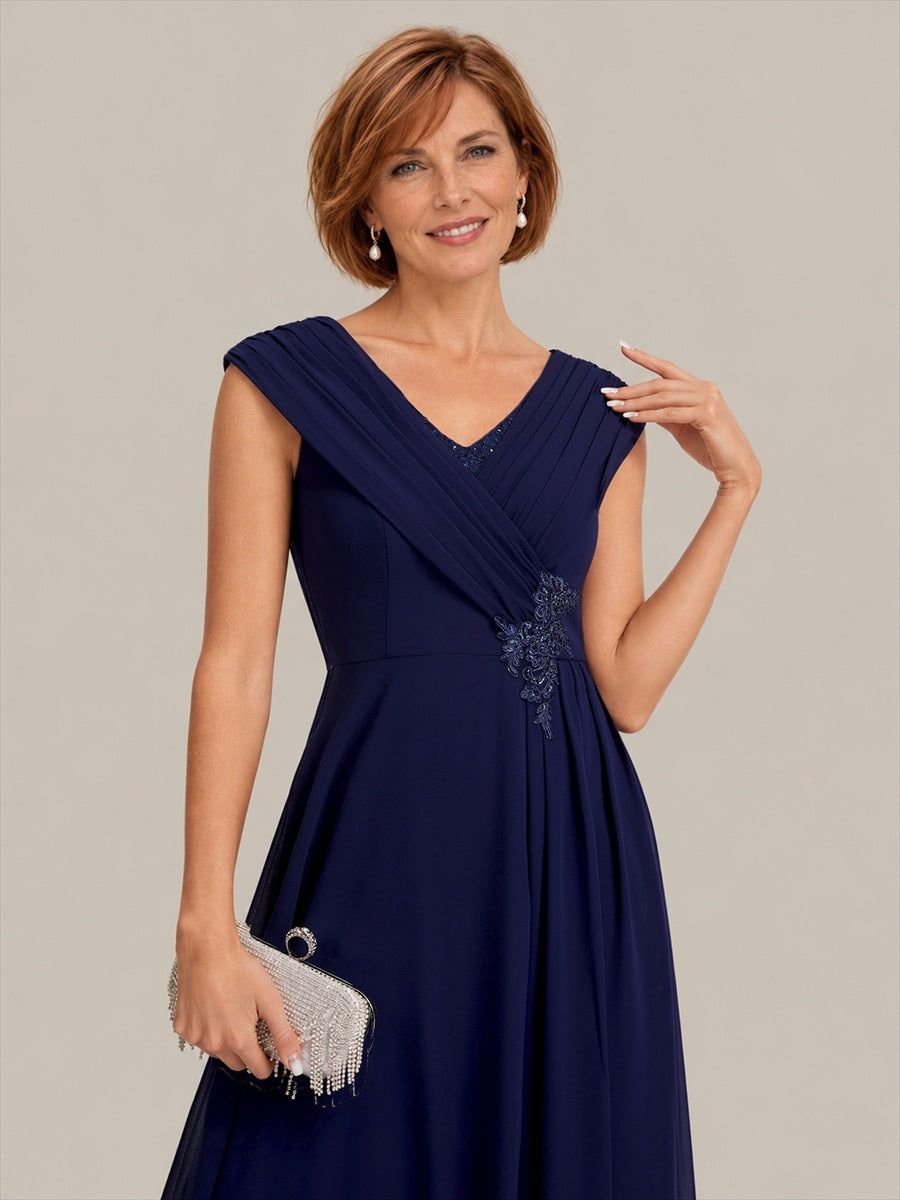 Flowing Ribbons Chiffon Cap Sleeve Mother of the Bride Dress #color_Navy Blue