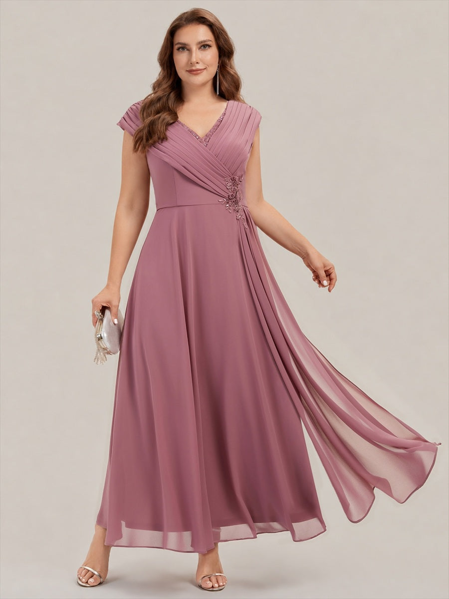 Flowing Ribbons Chiffon Cap Sleeve Mother of the Bride Dress #color_Purple Orchid