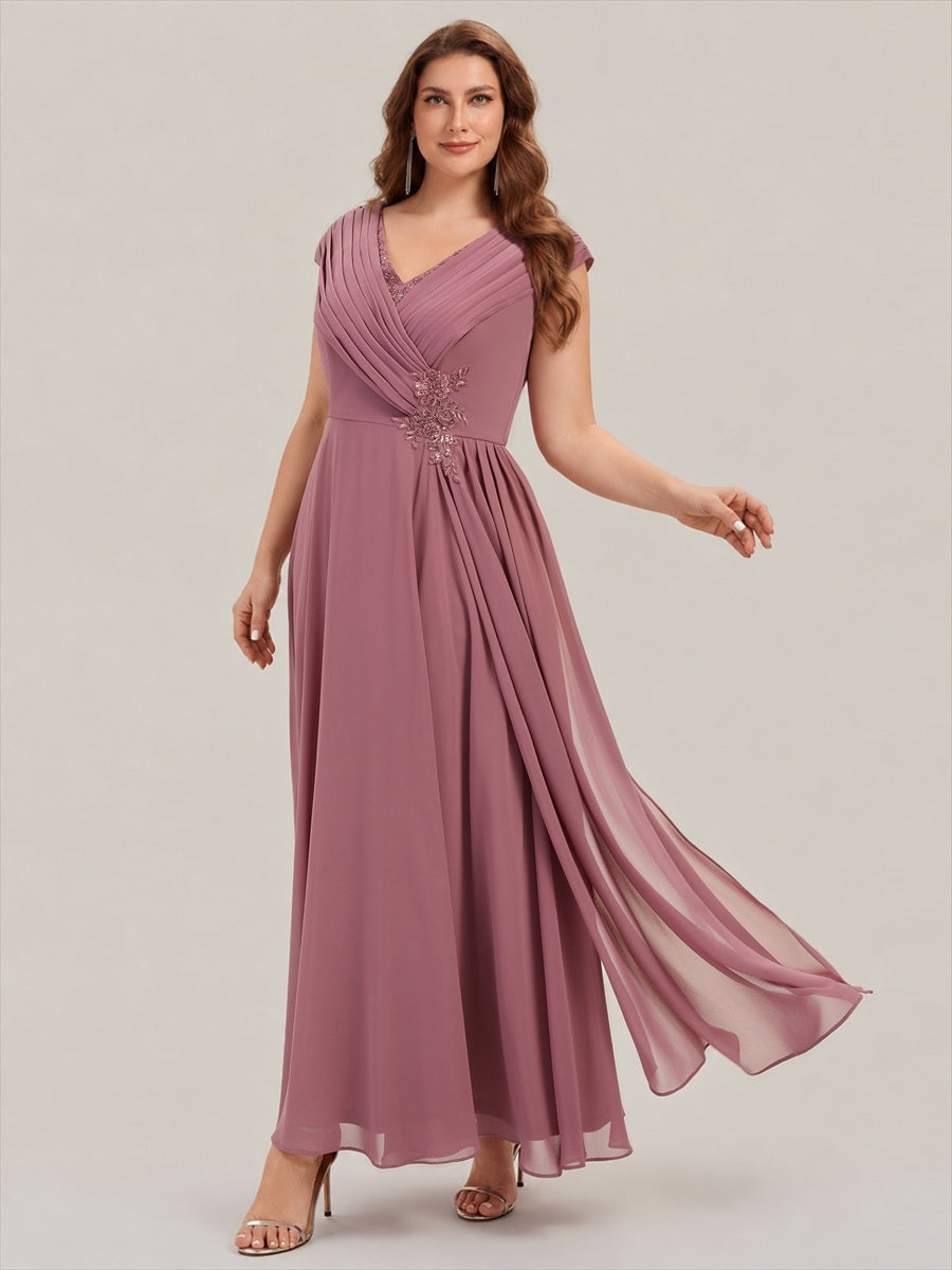 Plus Size Flowing Ribbons Cap Sleeve Mother of the Bride Dress #color_Purple Orchid