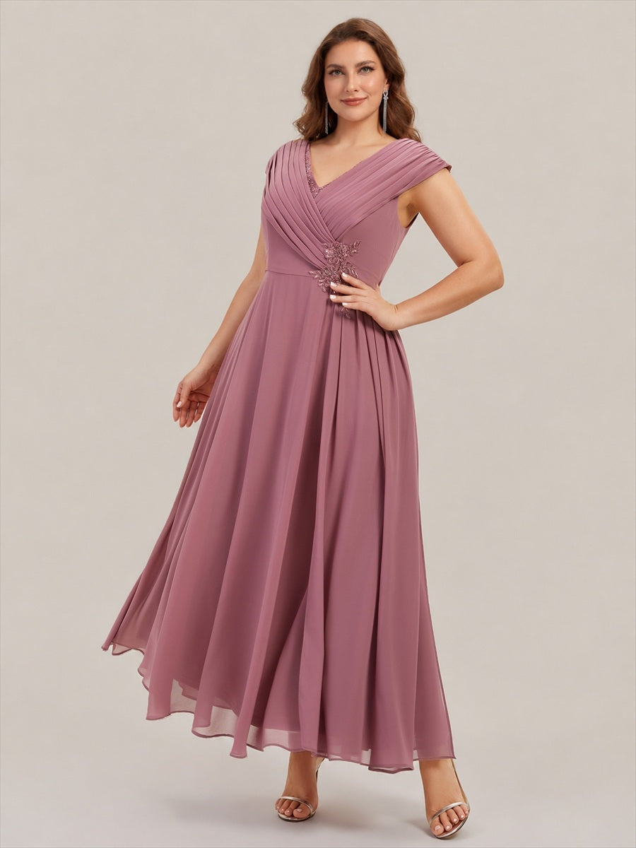 Flowing Ribbons Chiffon Cap Sleeve Mother of the Bride Dress #color_Purple Orchid