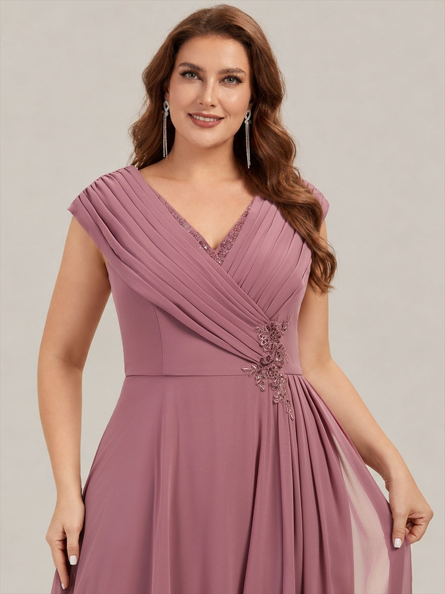 Flowing Ribbons Chiffon Cap Sleeve Mother of the Bride Dress #color_Purple Orchid