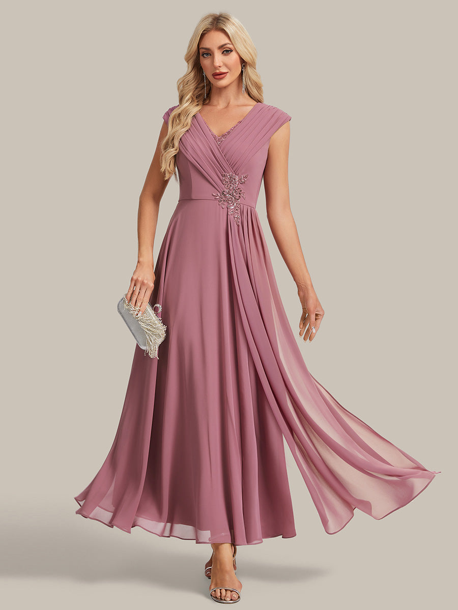 Flowing Ribbons Chiffon Cap Sleeve Mother of the Bride Dress #color_Purple Orchid
