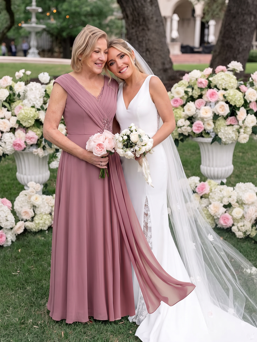 Flowing Ribbons Chiffon Cap Sleeve Mother of the Bride Dress #color_Purple Orchid