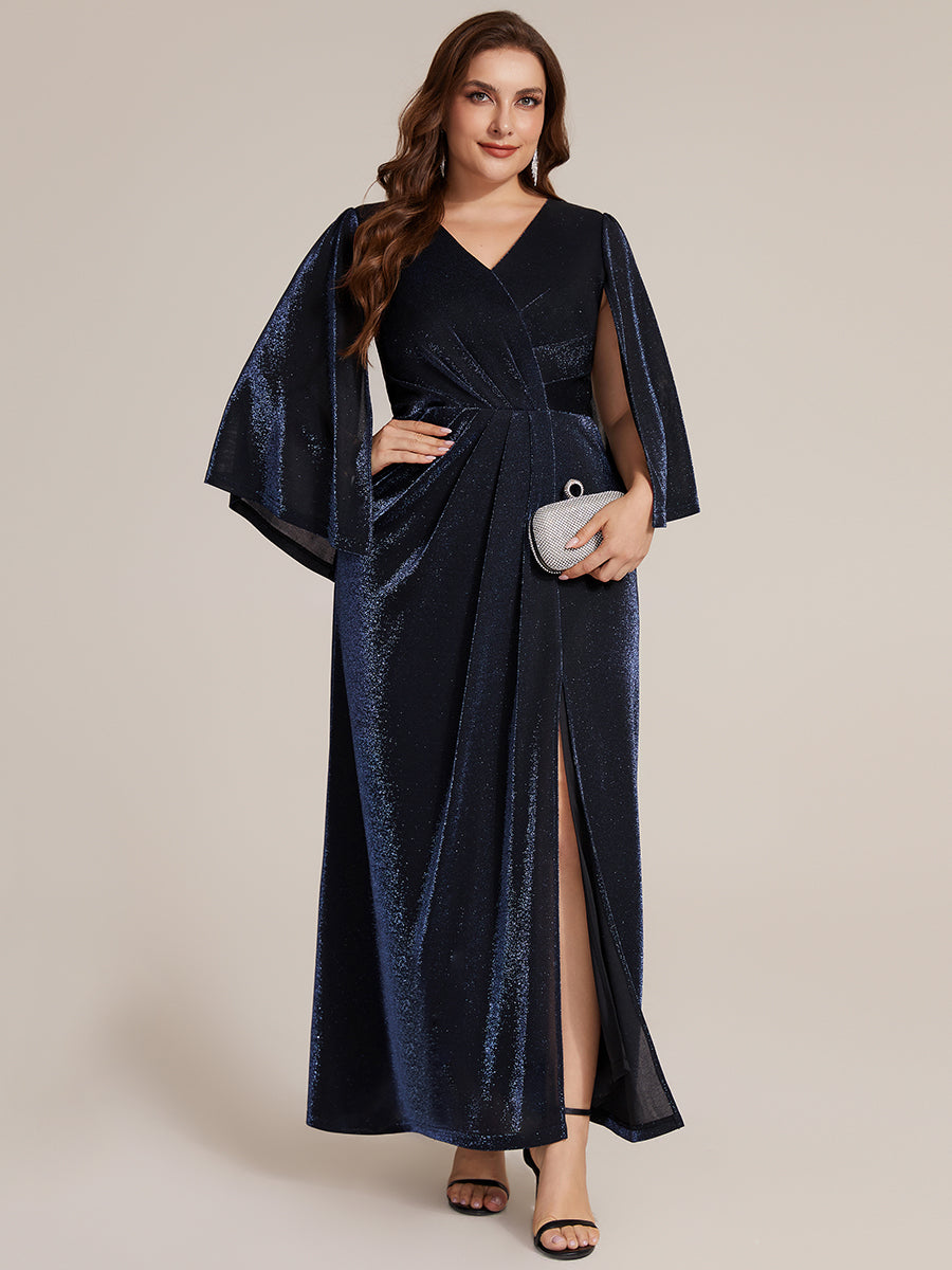 Lurex Mesh Cape Sleeve Sheath Mother of the Bride Dress #color_Navy Blue