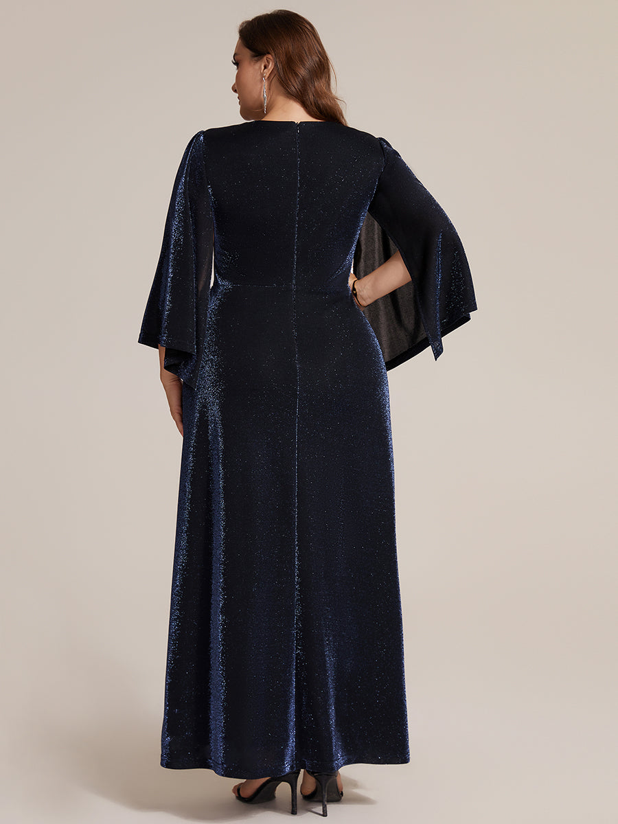 Lurex Mesh Cape Sleeve Sheath Mother of the Bride Dress #color_Navy Blue