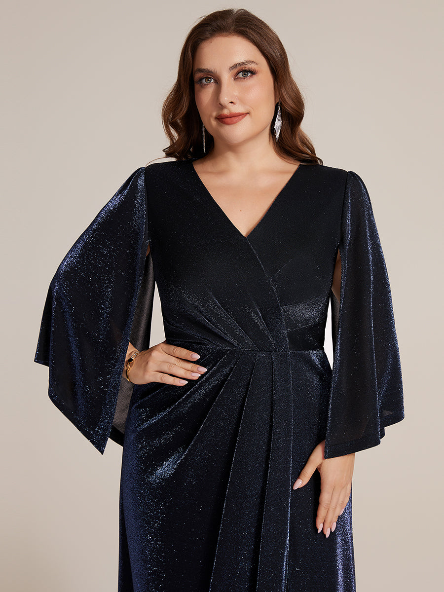 Plus Size Lurex Mesh Cape Sleeve Mother of the Bride Dress #color_Navy Blue
