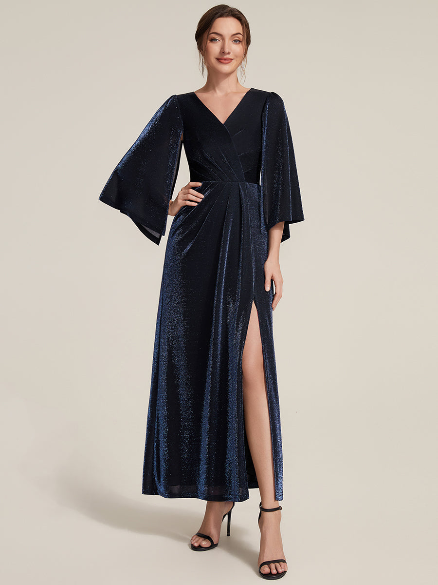 Lurex Mesh Cape Sleeve Sheath Mother of the Bride Dress #color_Navy Blue