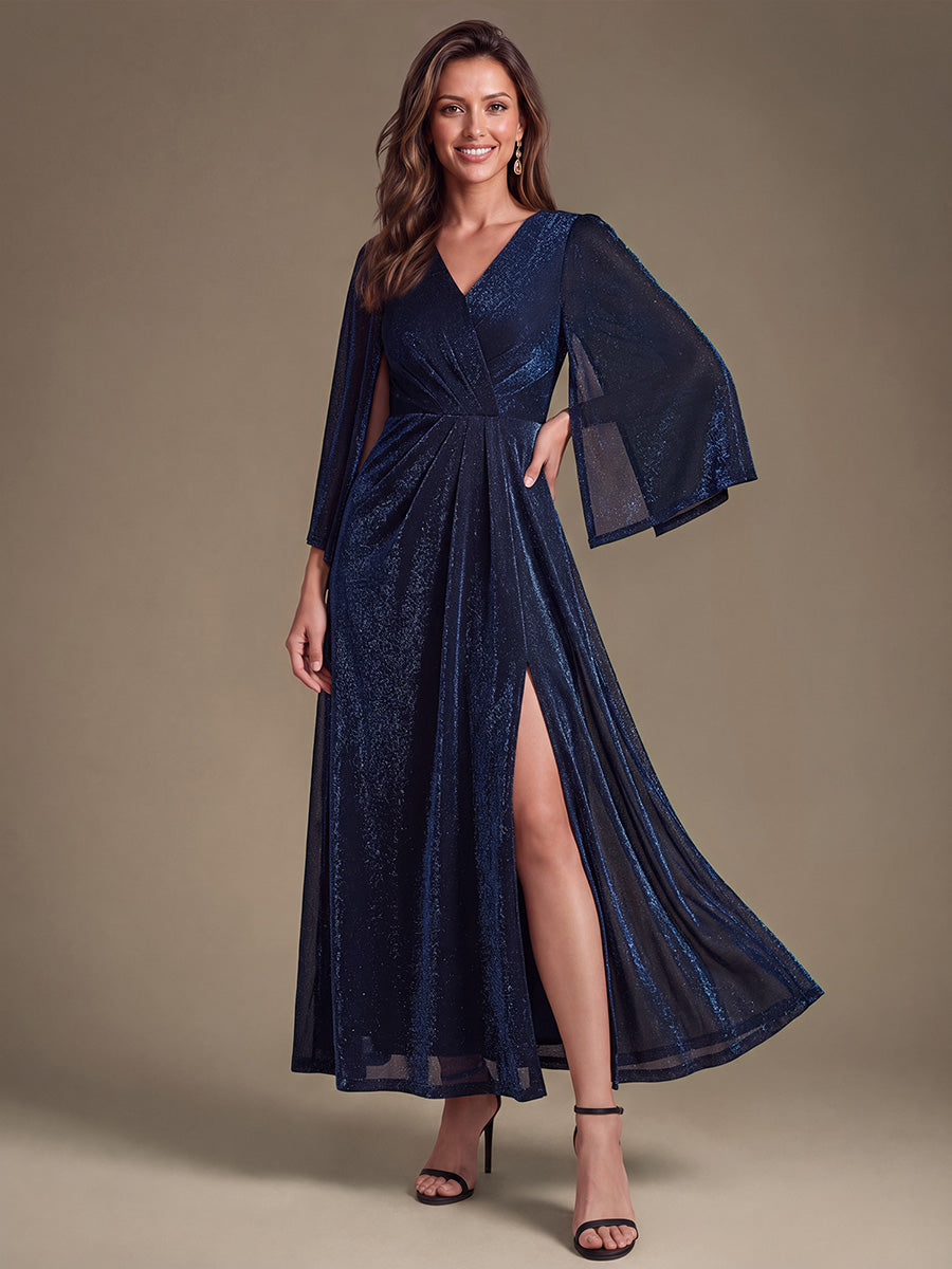 Lurex Mesh Cape Sleeve Sheath Mother of the Bride Dress #color_Navy Blue