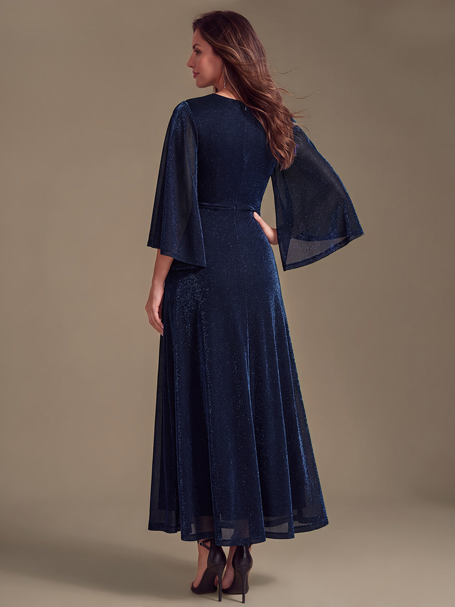 Lurex Mesh Cape Sleeve Sheath Mother of the Bride Dress #color_Navy Blue