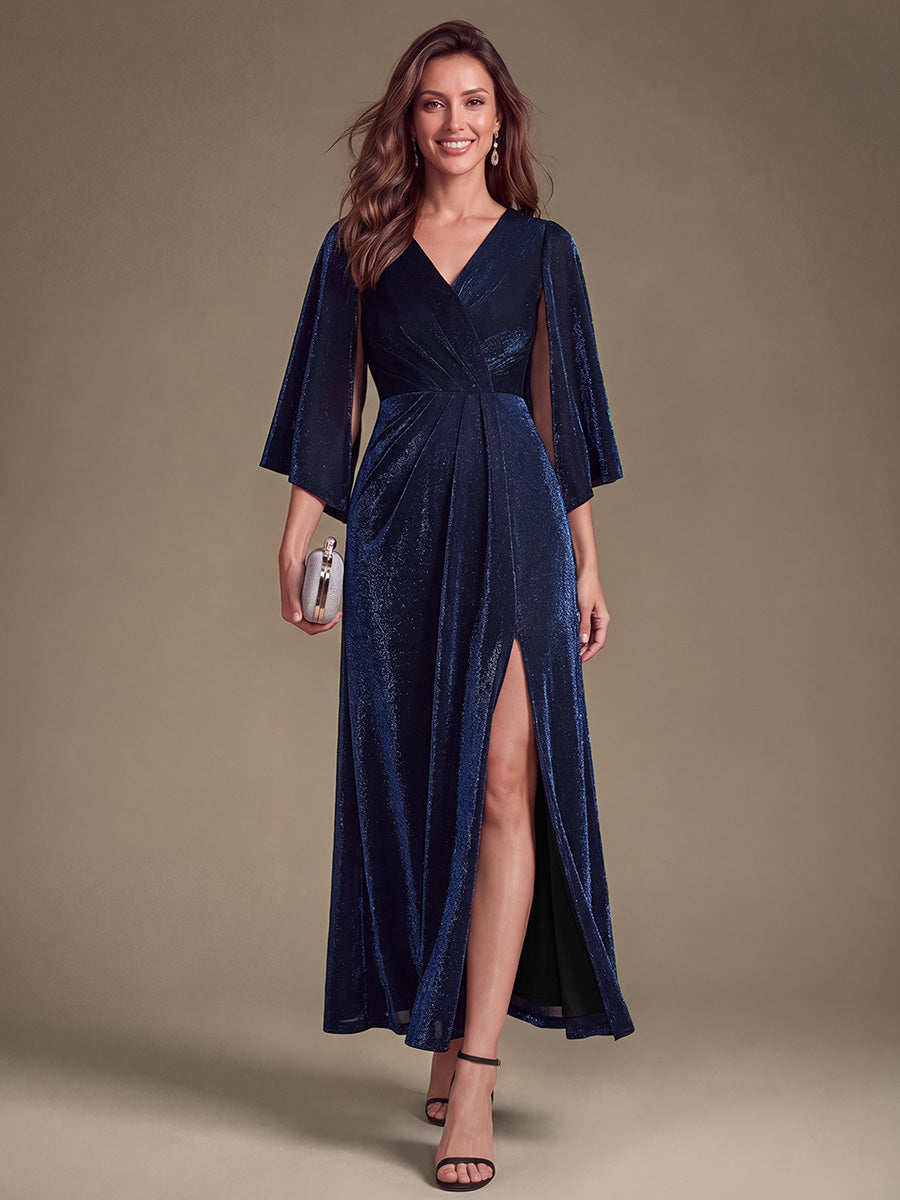 Lurex Mesh Cape Sleeve Sheath Mother of the Bride Dress #color_Navy Blue