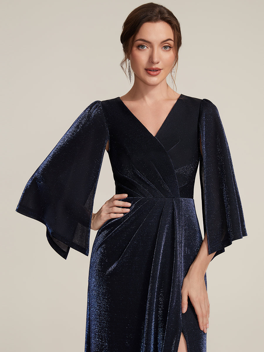 Lurex Mesh Cape Sleeve Sheath Mother of the Bride Dress #color_Navy Blue