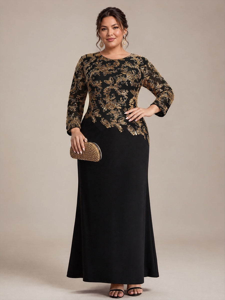 Sequin Fitted Sleeve Mother of the Bride Dress #color_Black & Gold
