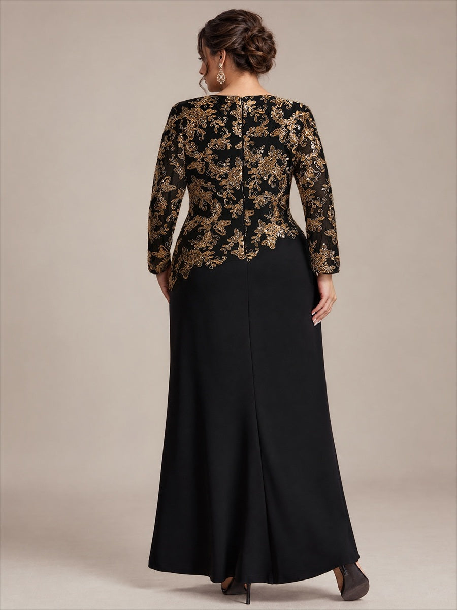 Plus Size Sequins Fitted Sleeve Mother of the Bride Dress #color_Black & Gold