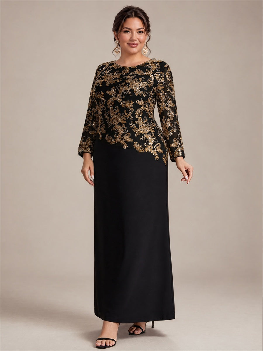 Sequin Fitted Sleeve Mother of the Bride Dress #color_Black & Gold