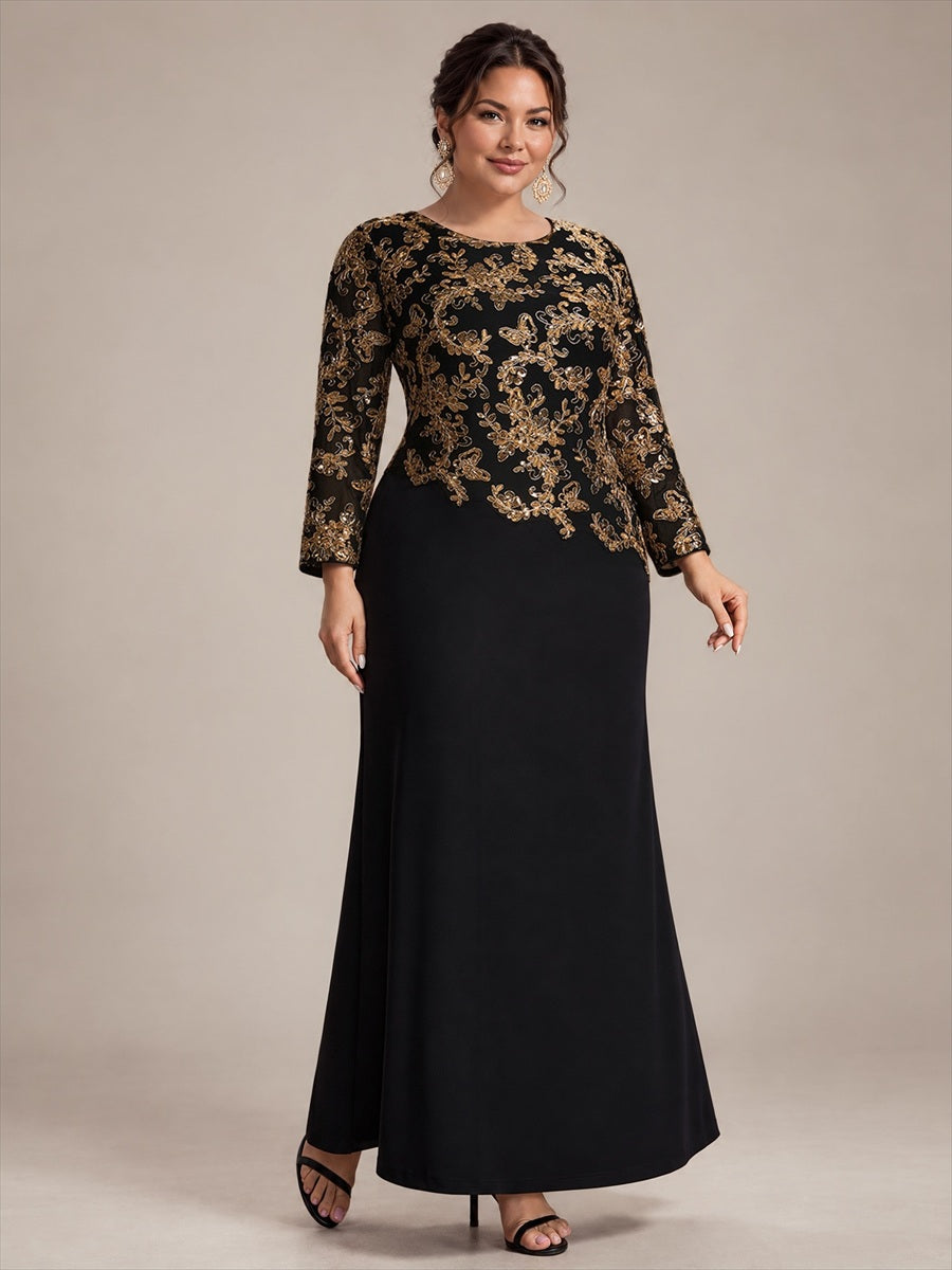 Plus Size Sequins Fitted Sleeve Mother of the Bride Dress #color_Black & Gold