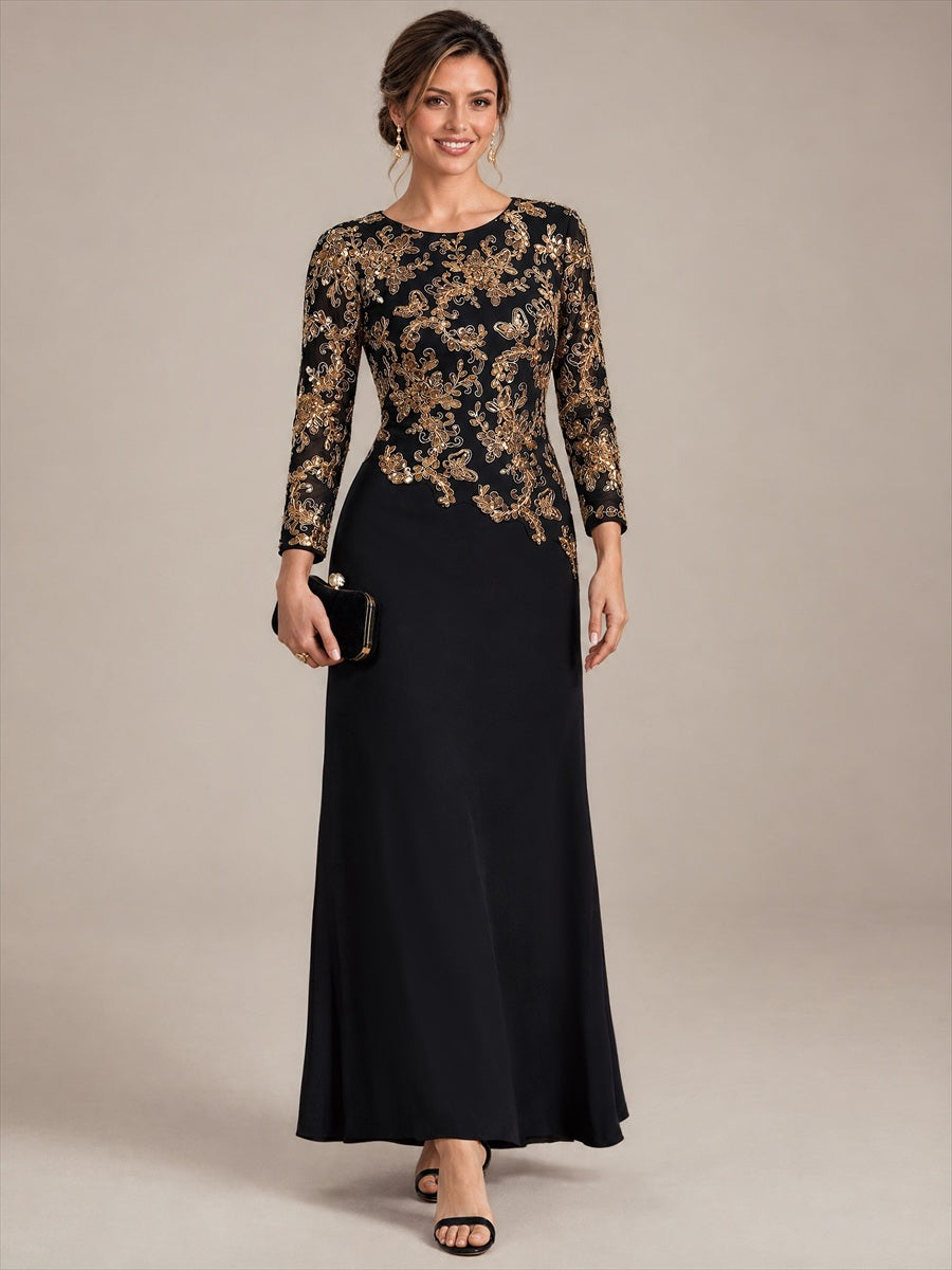 Sequin Fitted Sleeve Mother of the Bride Dress #color_Black & Gold