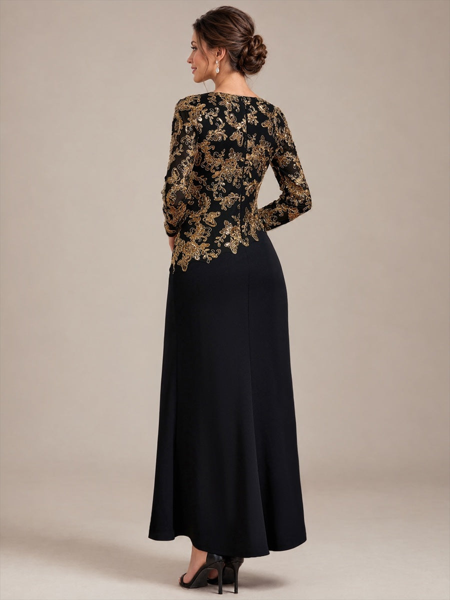 Sequin Fitted Sleeve Mother of the Bride Dress #color_Black & Gold