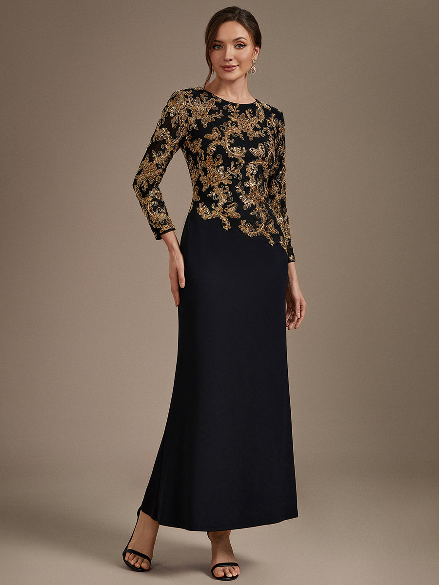Sequin Fitted Sleeve Mother of the Bride Dress #color_Black & Gold