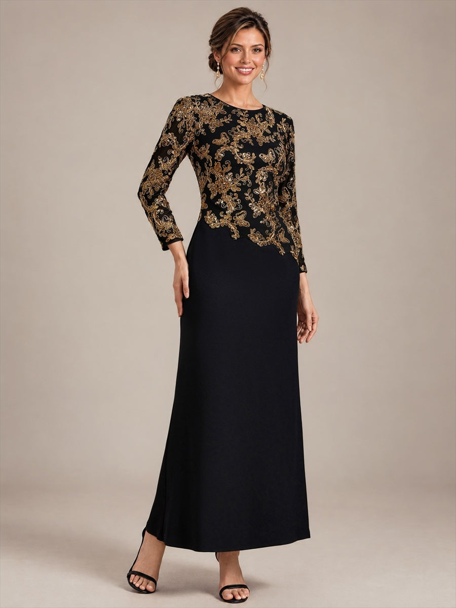 Sequin Fitted Sleeve Mother of the Bride Dress #color_Black & Gold