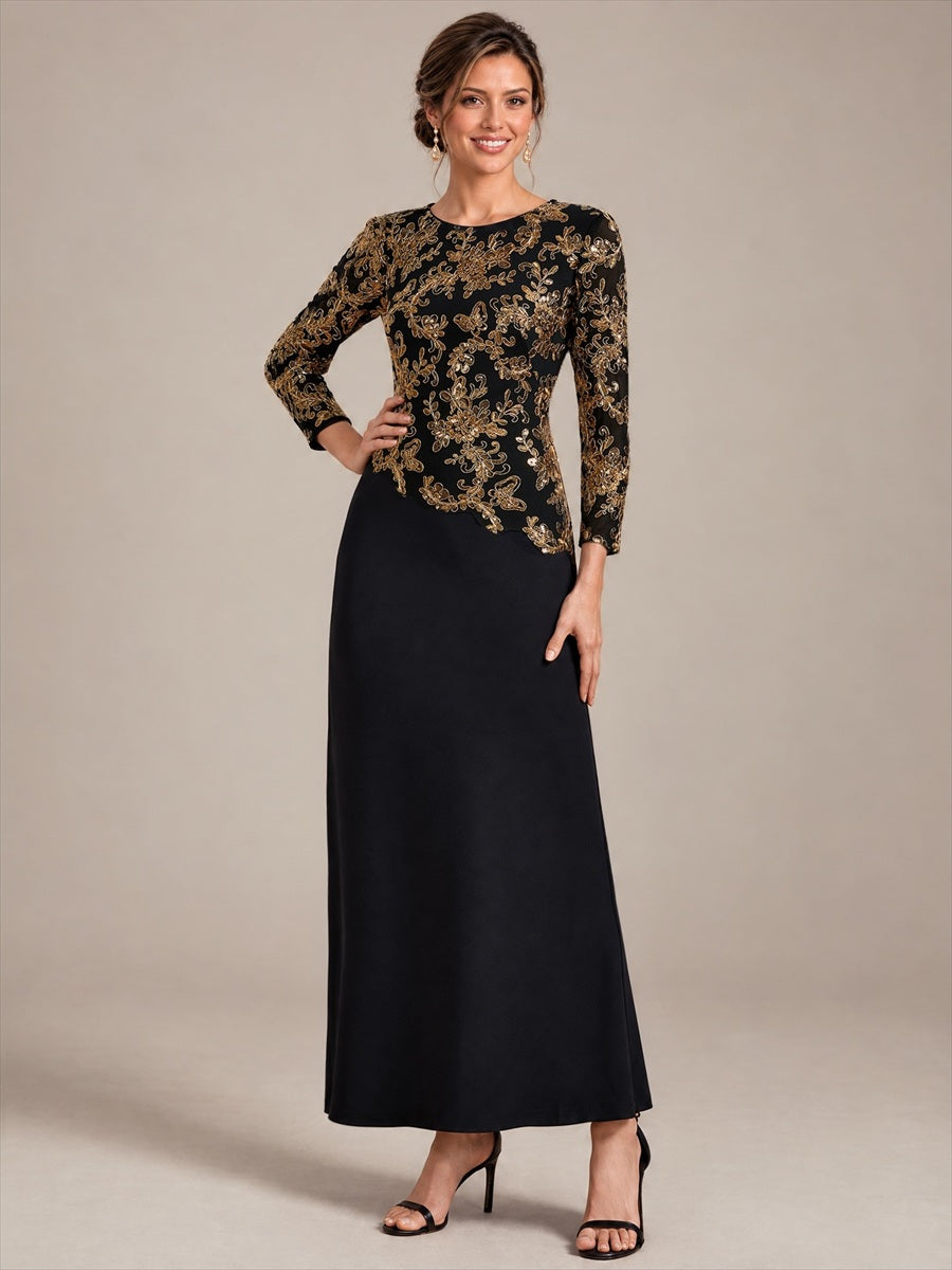 Sequin Fitted Sleeve Mother of the Bride Dress #color_Black & Gold