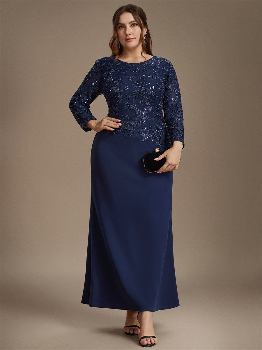 Sequin Fitted Sleeve Mother of the Bride Dress #color_Navy Blue