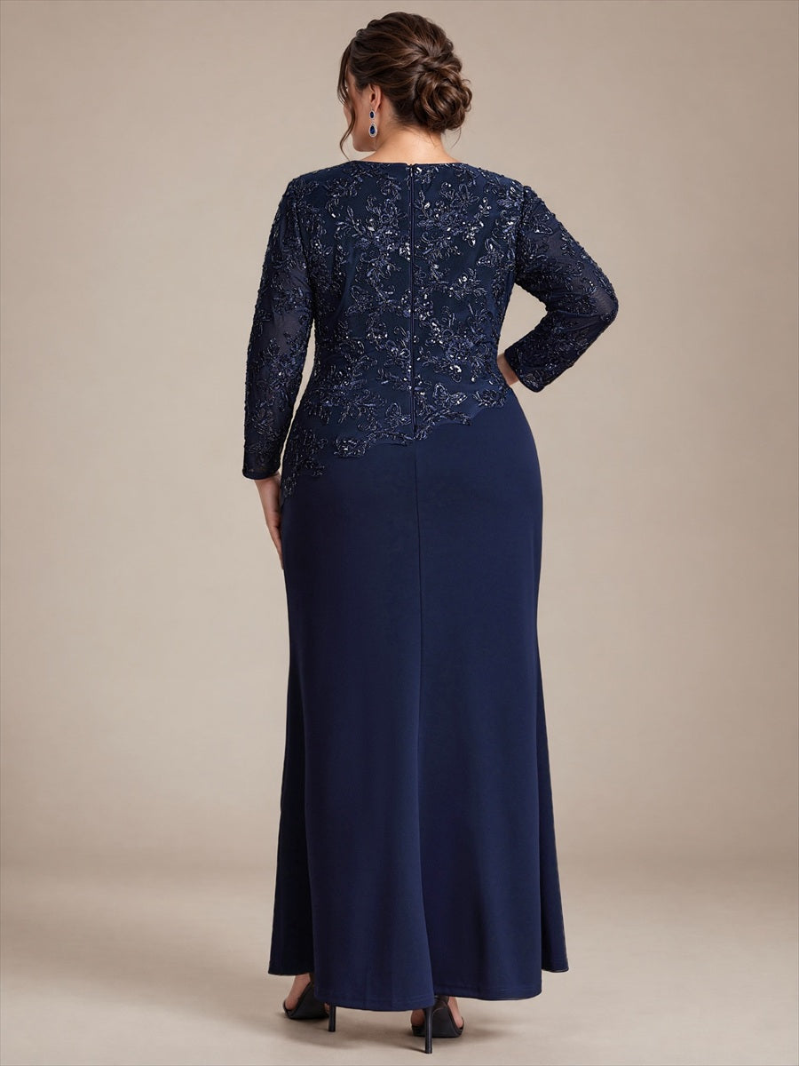Plus Size Sequins Fitted Sleeve Mother of the Bride Dress #color_Navy Blue