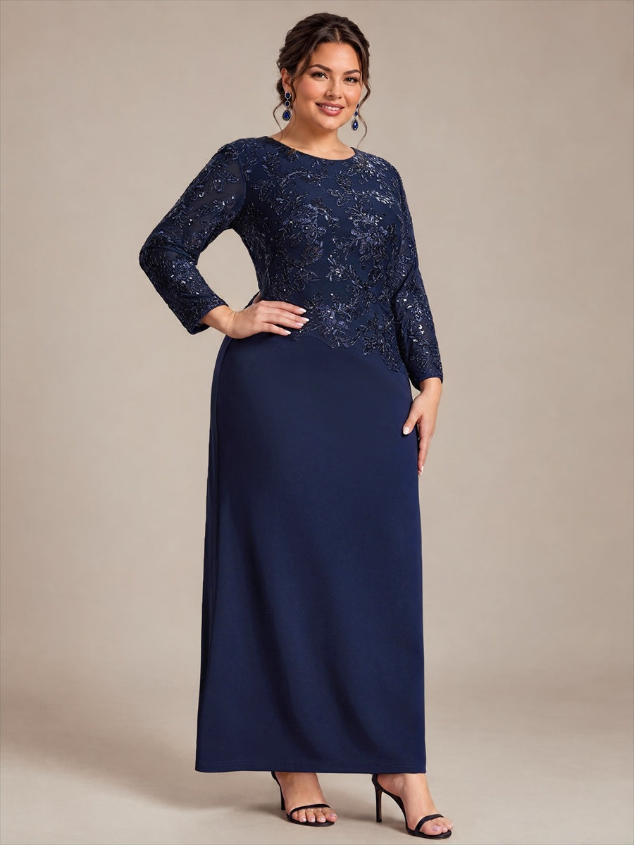 Sequin Fitted Sleeve Mother of the Bride Dress #color_Navy Blue