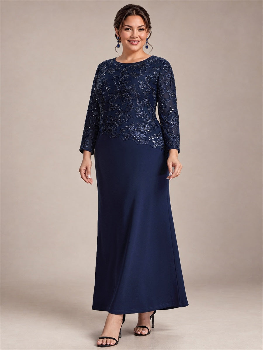 Plus Size Sequins Fitted Sleeve Mother of the Bride Dress #color_Navy Blue