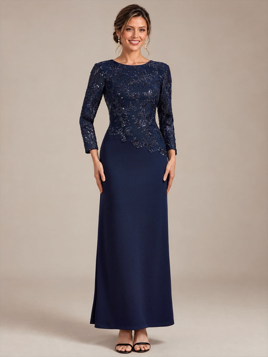 Sequin Fitted Sleeve Mother of the Bride Dress #color_Navy Blue