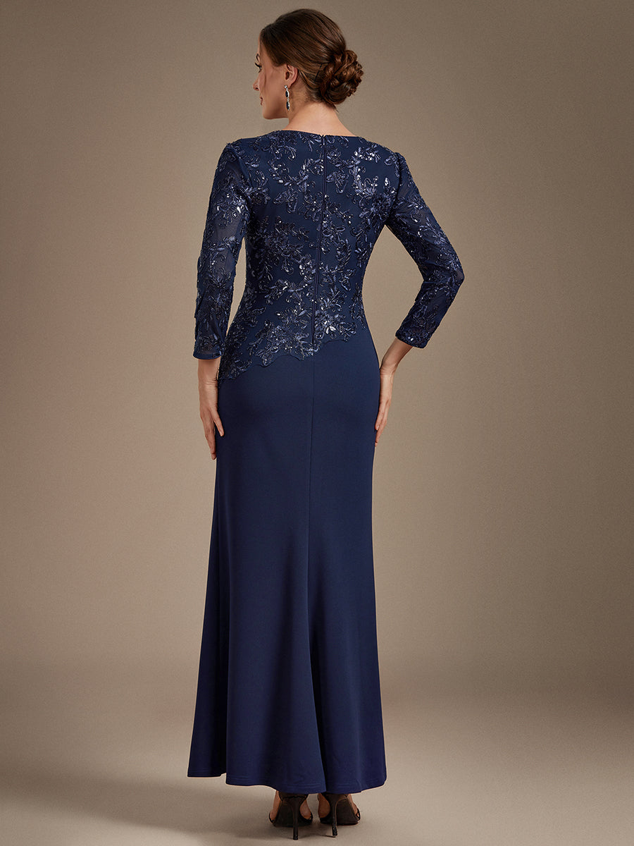 Sequin Fitted Sleeve Mother of the Bride Dress #color_Navy Blue