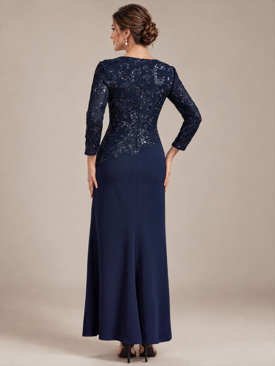 Sequin Fitted Sleeve Mother of the Bride Dress #color_Navy Blue